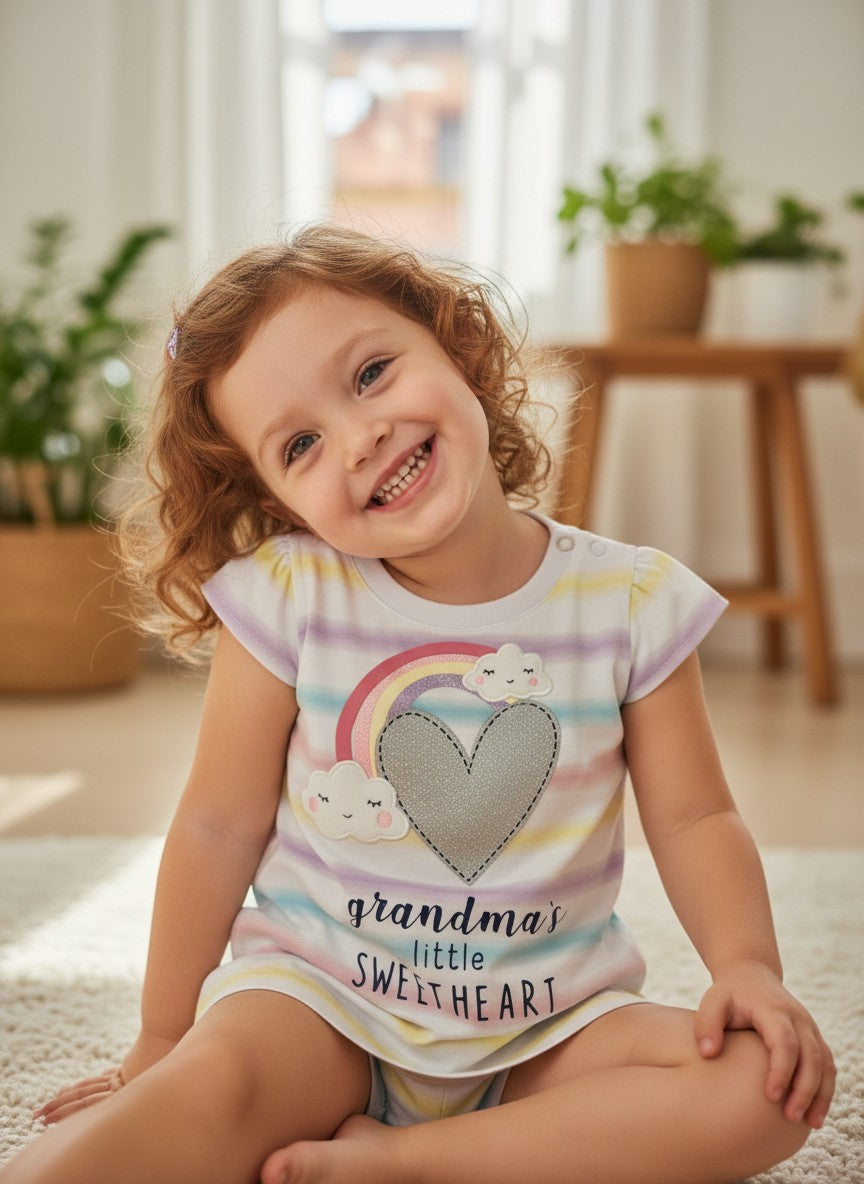 Sporto Moda Urbana girls' short-sleeve t-shirt with rainbow, clouds, and heart graphic. Pastel stripes and