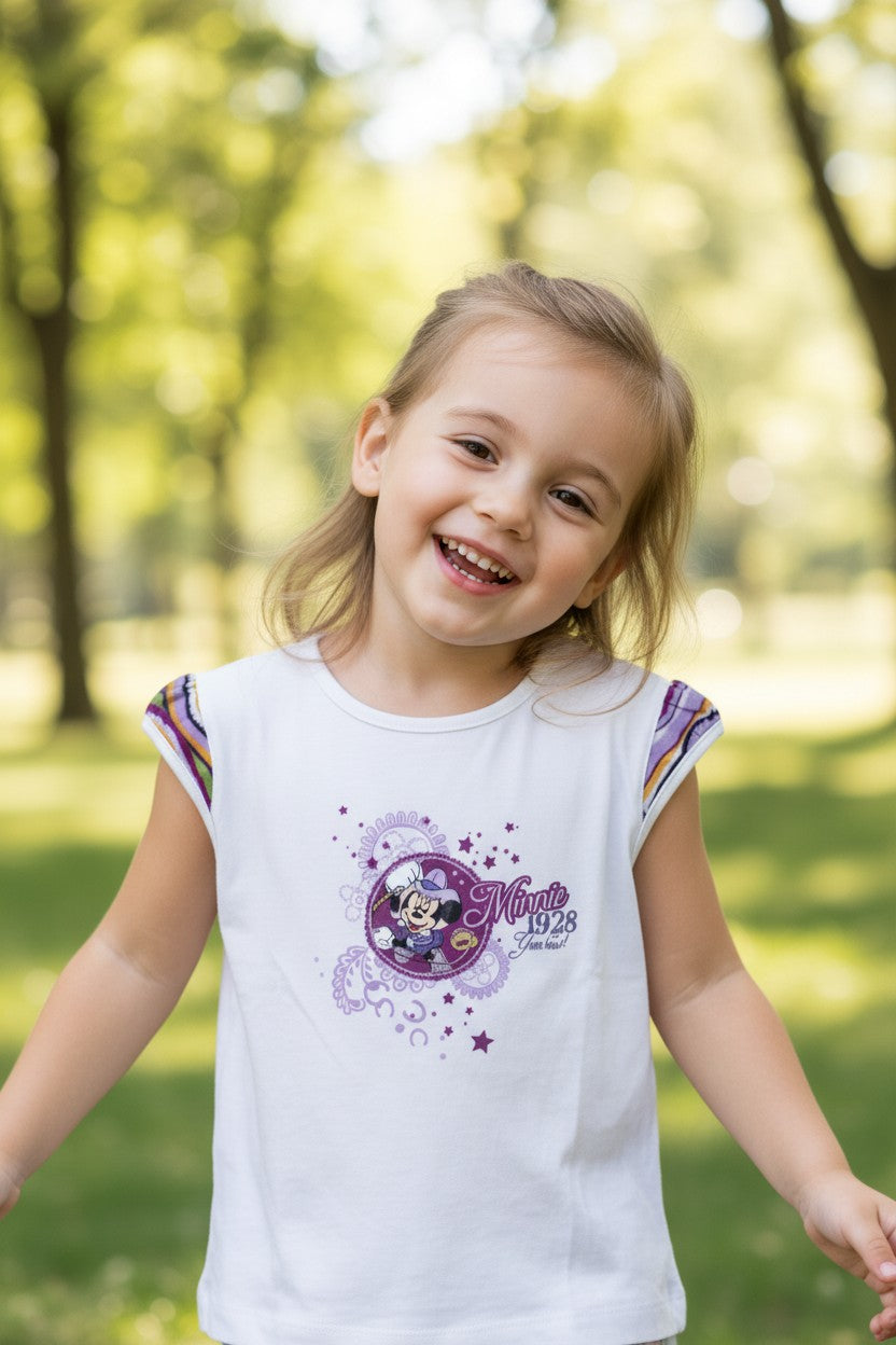Sporto Moda Urbana white cotton t-shirt with Minnie Mouse graphic and purple accents. Round neck, short sleeves.